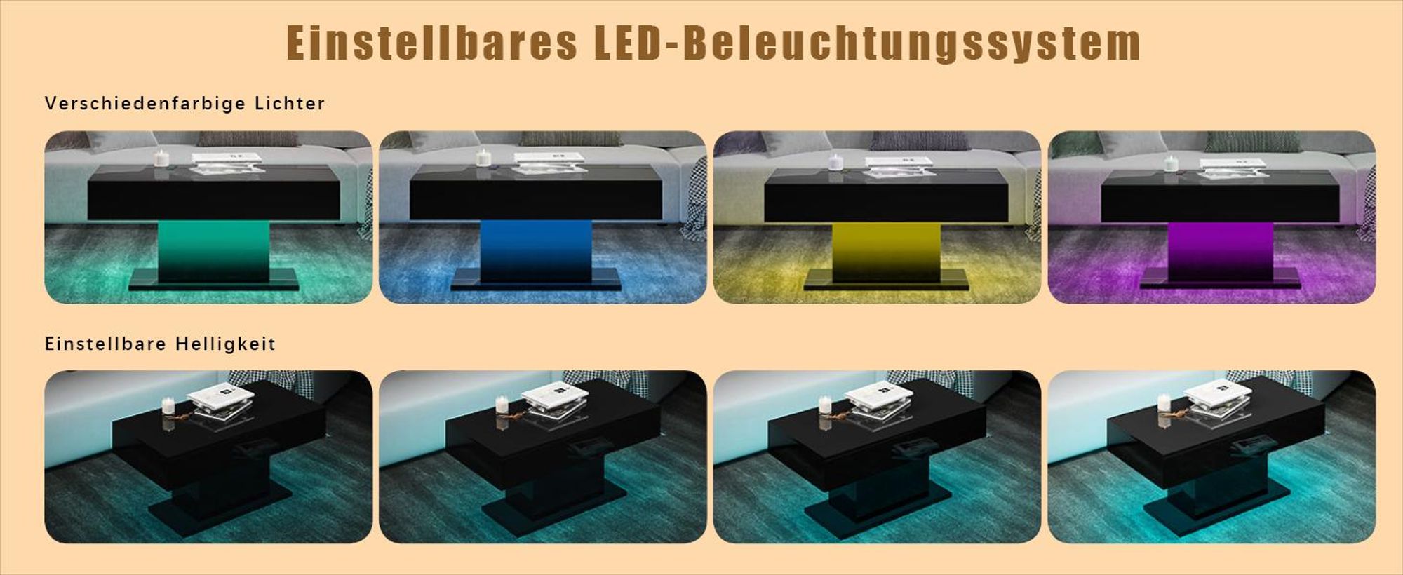 Radelldar Modern Couchtisch Wohnzimmertisch Hochglanz mit Beleuchtung, USB, 110x55x50cm, Schwarz