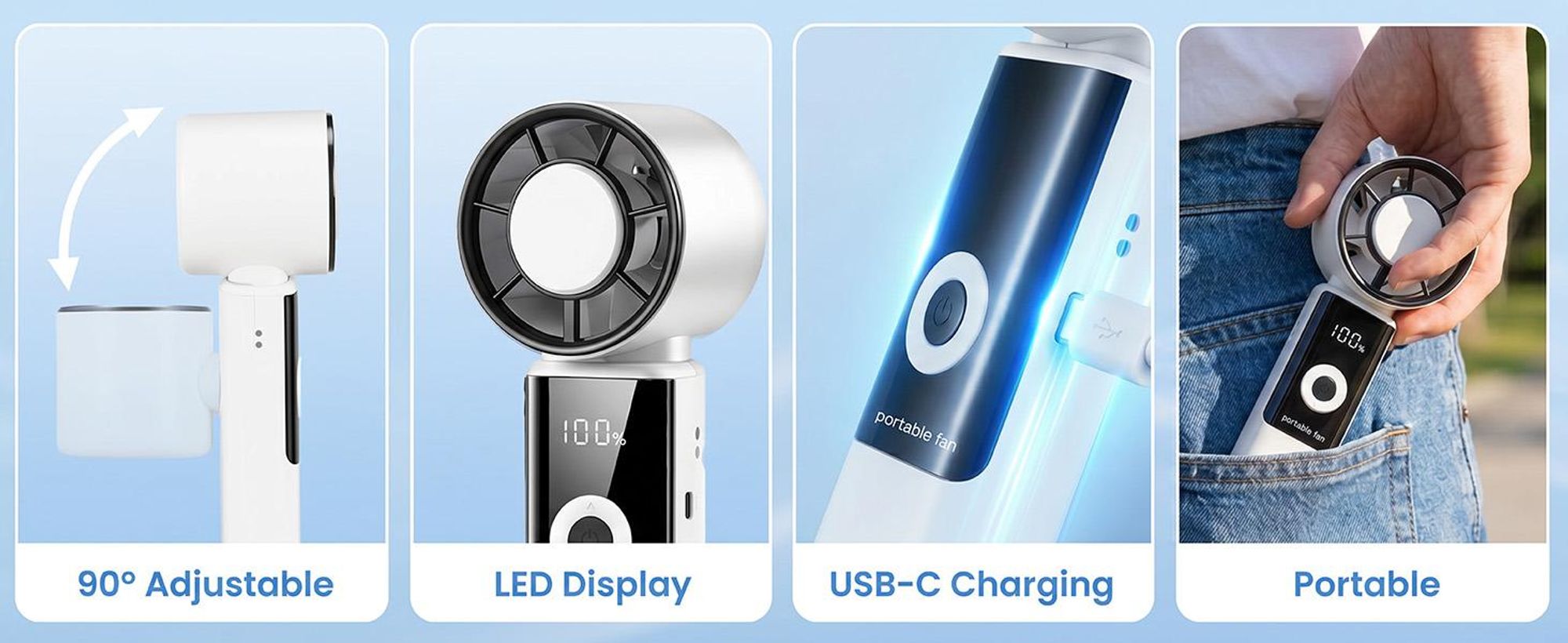 Tragbarer Handventilatoren USB, Faltbar Mini Ventilator Leise mit 4000 mAh Akku bis 16 Std. Laufzeit, LED-Display, 1-199 Geschwindigkeitsstufen, Weiß