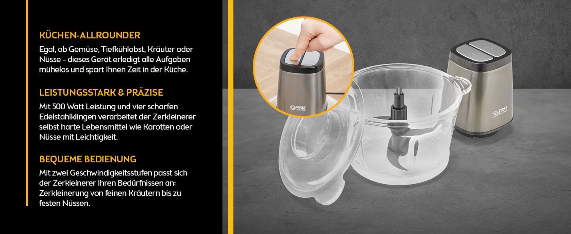 TZS First Austria Zerkleinerer, Elektrischer Multizerkleinerer, zum Zerkleinern, Hacken & Mixen, mit 1,7 L Glasbehälter, 4 Edelstahl Klingen, Chopper, 500 W