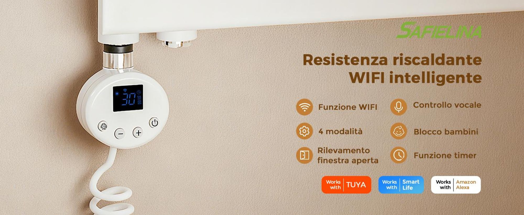 S'AFIELINA elemento riscaldante con termostato 1200W, timer programmabile e display LCD, WiFi, per radiatori per asciugamani, acciaio inox, controllo intelligente, bianco