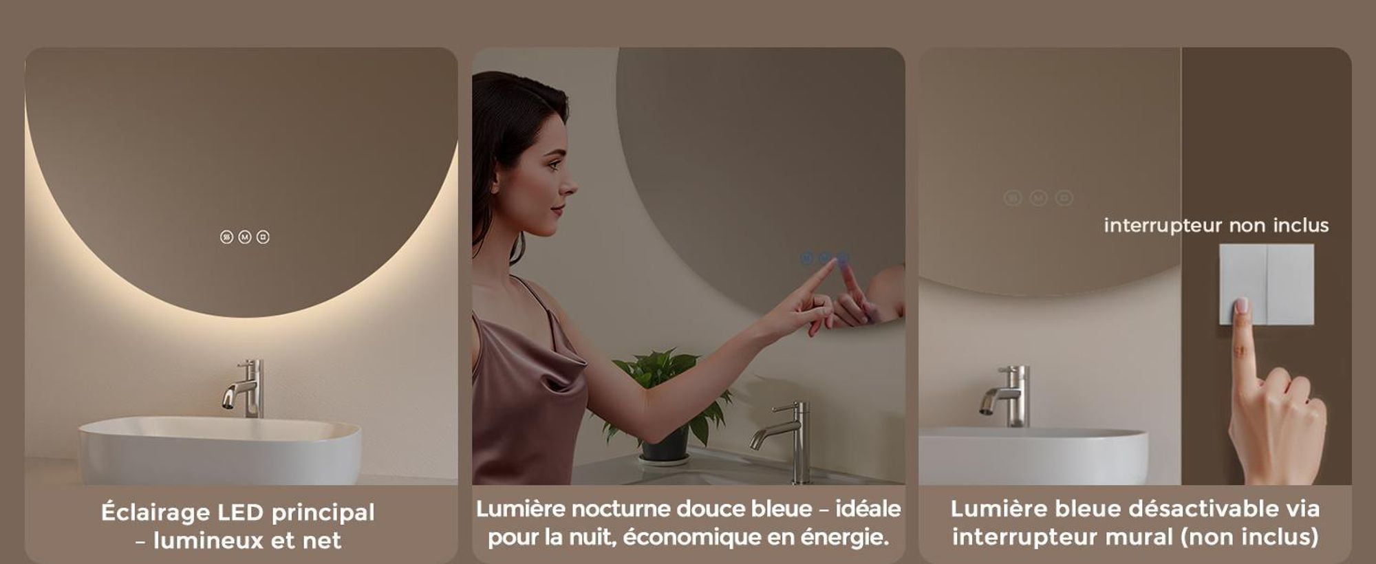 Miroir de salle de bain avec éclairage, rond, 80 cm, miroir LED S'AFIELINA, intensité réglable, 3 couleurs de lumière, anti-buée,tactile, fonction de mémorisation, IP65, étanche pour la salle de bain