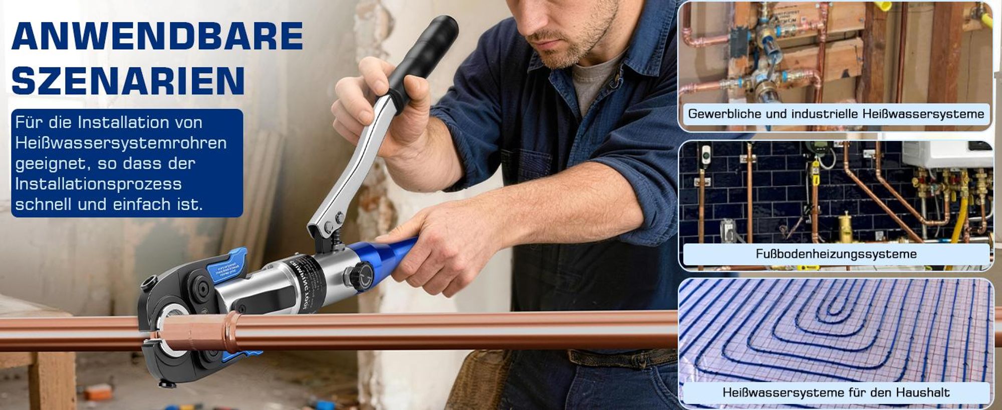 180° Drehbarem Kopf Rohrpresszange Hydraulisch Presszange mit Chromschicht TH + V Kontur Backeneinsätze & Rohrschneider für Kupferrohre Verbundrohr