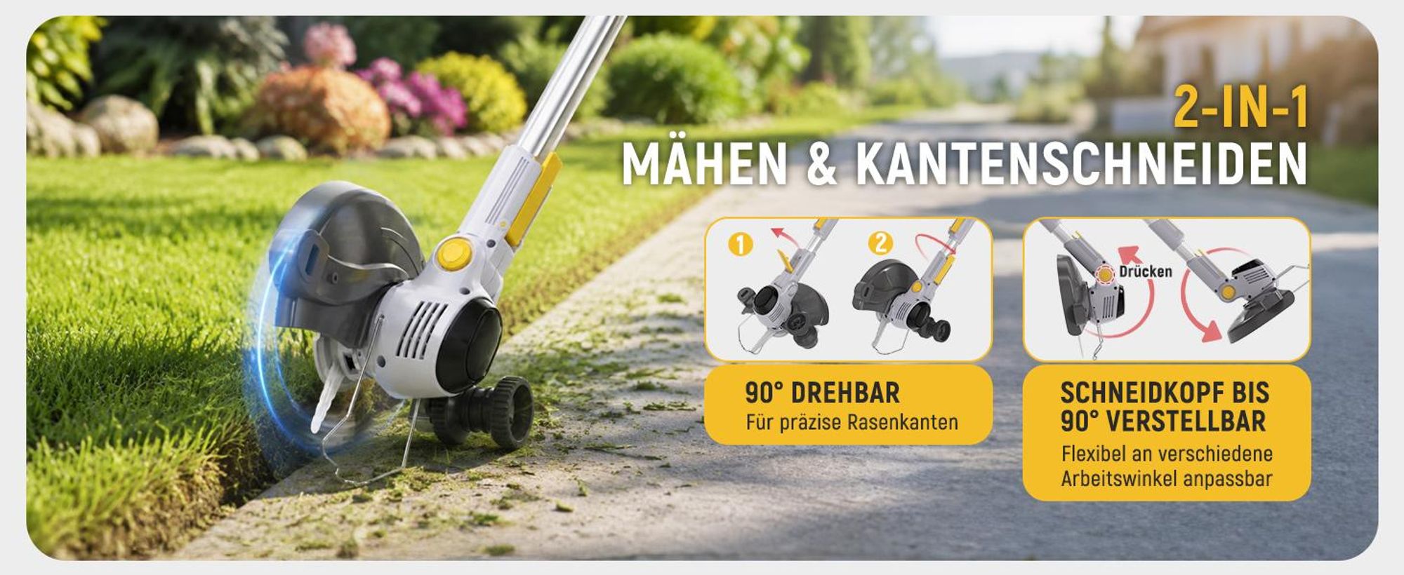 Traumheim Akku Rasentrimmer 21V, 3-in-1 Freischneider, 2x 2,0Ah Akku mit Ladegerät, Teleskopstiel, Kantenschneider, 3 Messerarten,für Garten und Rasen