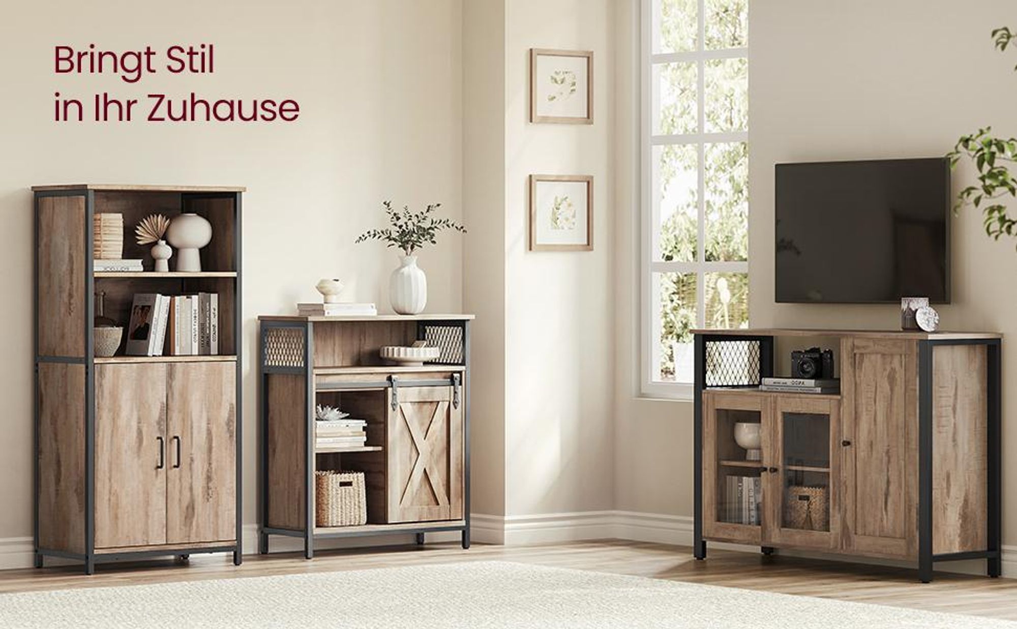 VASAGLE Sideboard, Küchenschrank, Aufbewahrungsschrank, mit 3 Türen, für Wohnzimmer, Küche, Esszimmer, 33 x 110 x 75 cm, Landhausstil, eichenbraun-schwarz CSL096B50