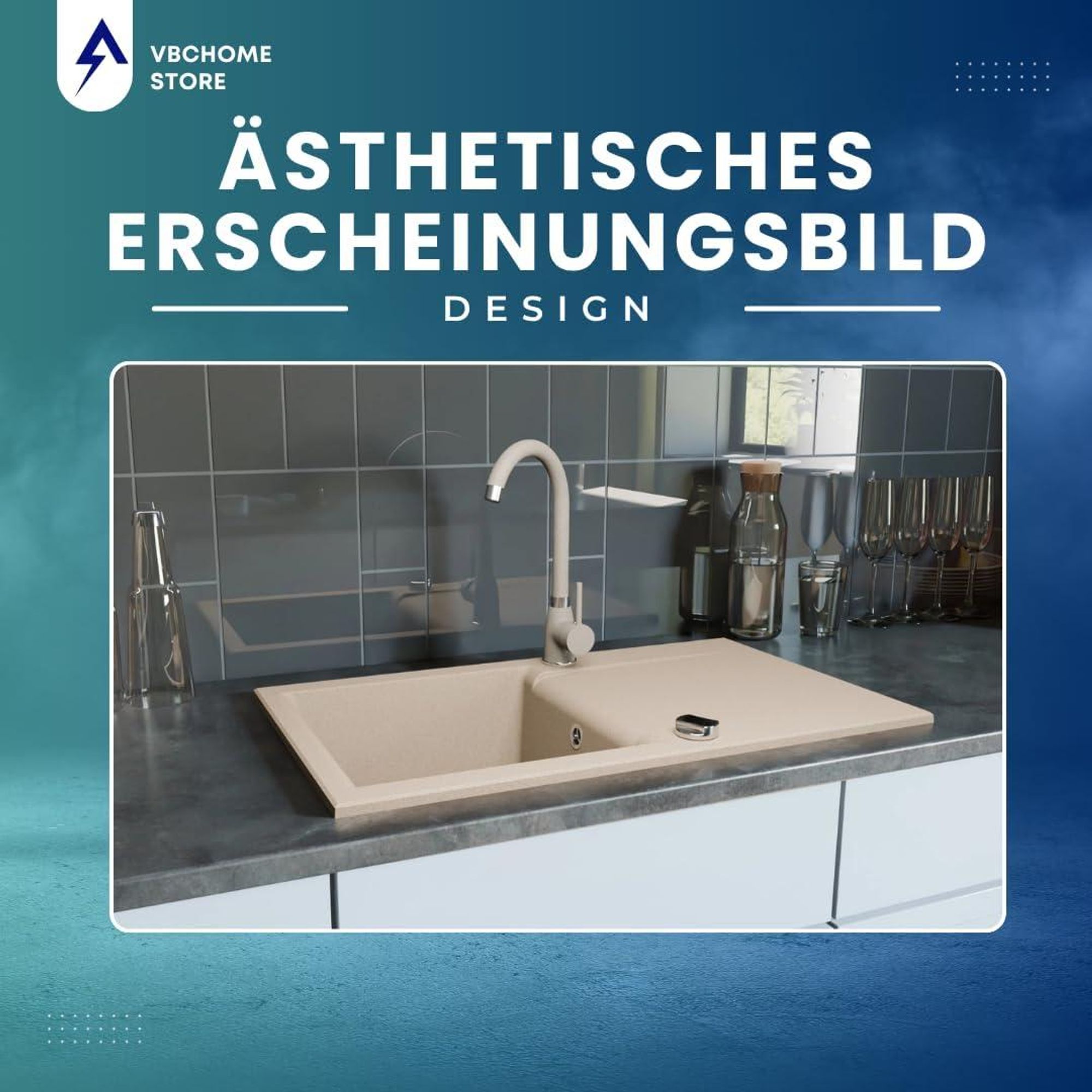 VBChome Granitspüle 76 x 44 cm Beige mit flexibler Armatur Einzelbecken Einbauspüle Reversibel Gesprenkelt Pflegeleichtes Spülbecken mit Siphon