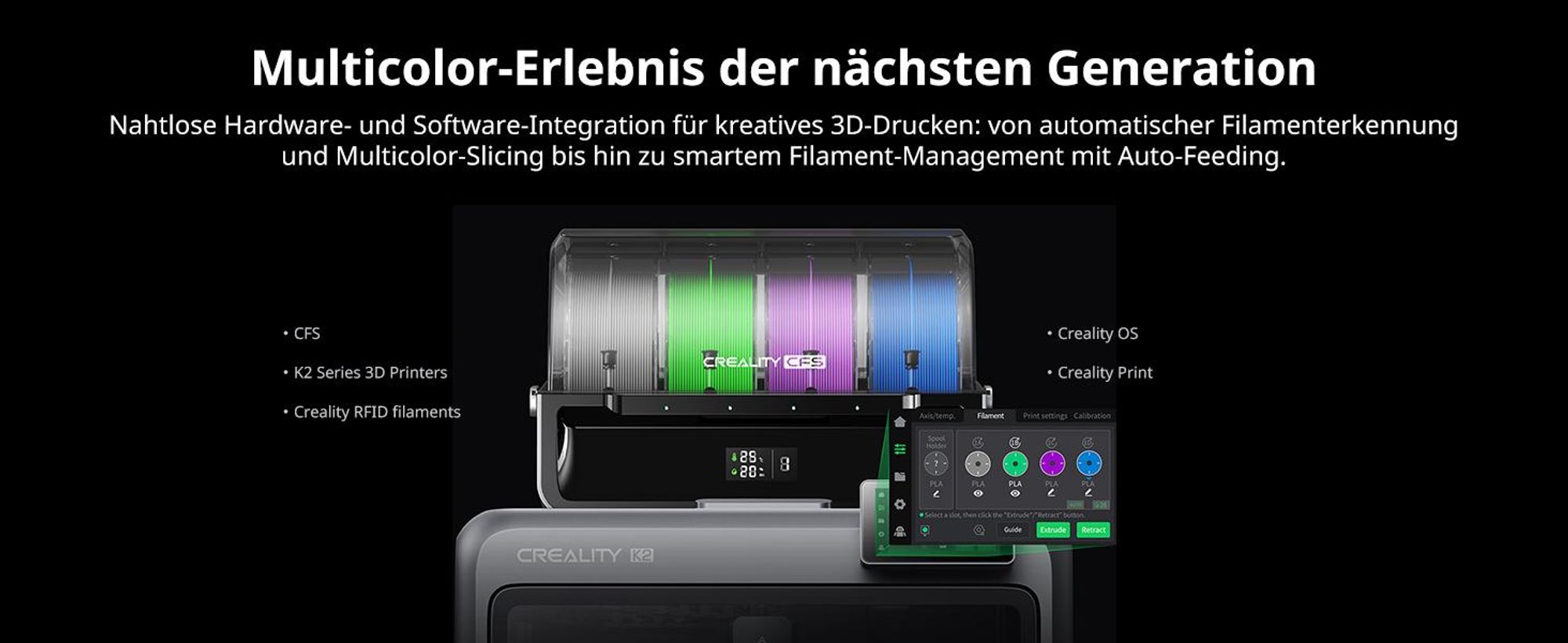 Creality K2 Combo 3D-Drucker, 260×260×260 mm Bauvolumen, Multicolor-Druck mit bis zu 16 Farben, beheizter Druckraum, Dual-AI-Kameras