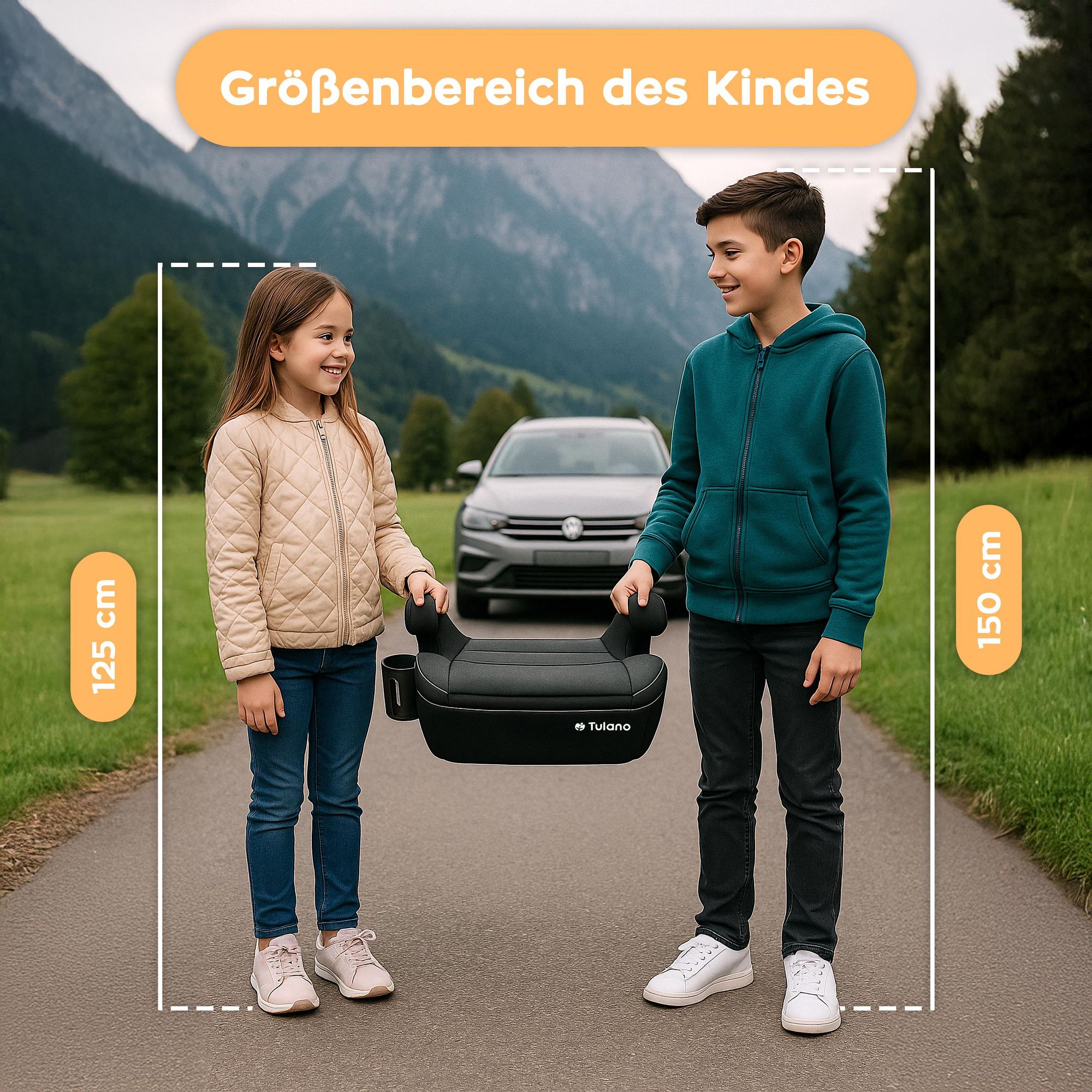 Tulano Cabby 30 Autokindersitz Grau – i-Size 125–150 cm, ISOFIX + Gurt, Getränkehalter, abnehmbarer Bezug
