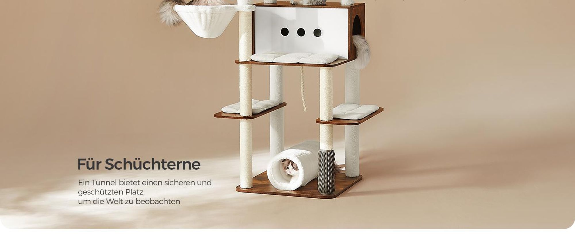 Feandrea Kratzbaum groß, 197cm, Katzenbaum XXL, modern, mehrstöckiges Katzenhaus, Katzenbürste, Tunnel vintagebraun