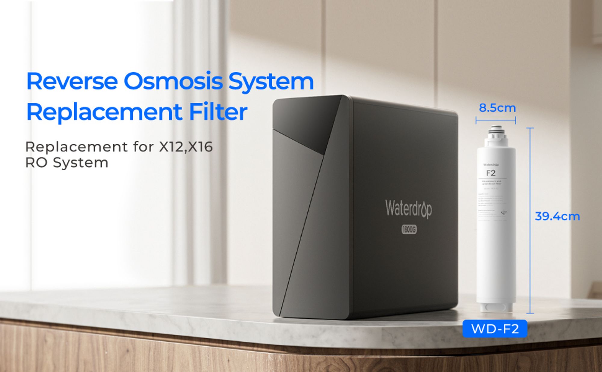 Waterdrop WD-F2 Filter, Ersatz für Alle Umkehrosmosesysteme der WD-X-Serie, WD-X8 & X12-Basic & WD-X12-Alkaline & WD-X16, 6-Monate Lebensdauer