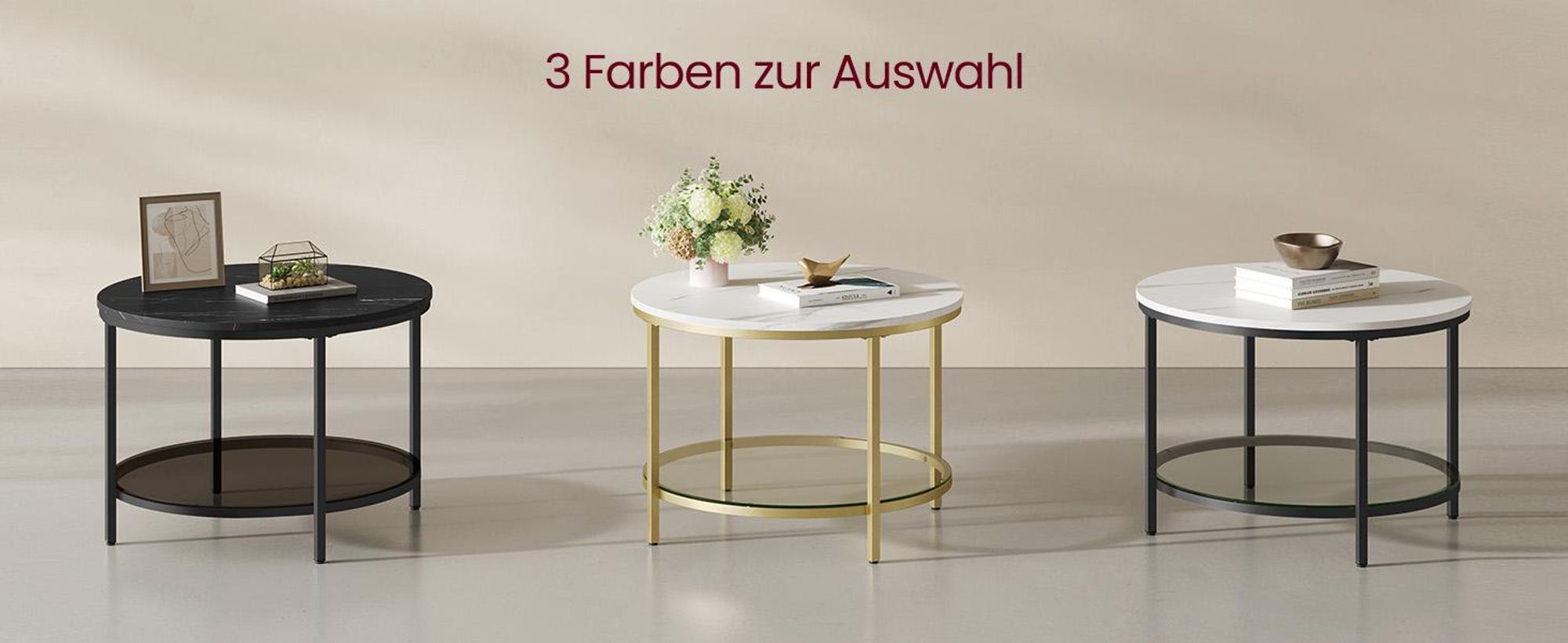 VASAGLE Couchtisch, Wohnzimmertisch, moderner Stil, 65 x 46 cm (Ø x H), Marmorschwarz-Tintenschwarz