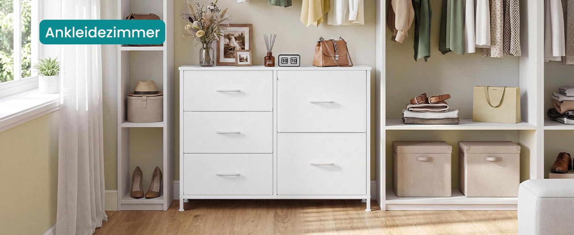 SONGMICS Kommode mit 5 Schubladen, Schubladenschrank mit Metallgestell, 98,7 x 30 x 74,7 cm, Weiß