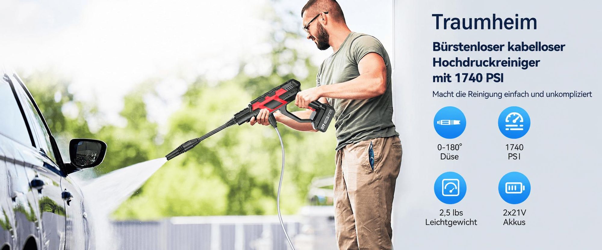 Akku Hochdruckreiniger, Pro Max Pumpenkörper,120BAR Starker Wasserdruck mit Verlängerungsstange,6-in-1 Düse, 0-180°Düse,KFZ-Reiniger mit 2x 4,0Ah Akku