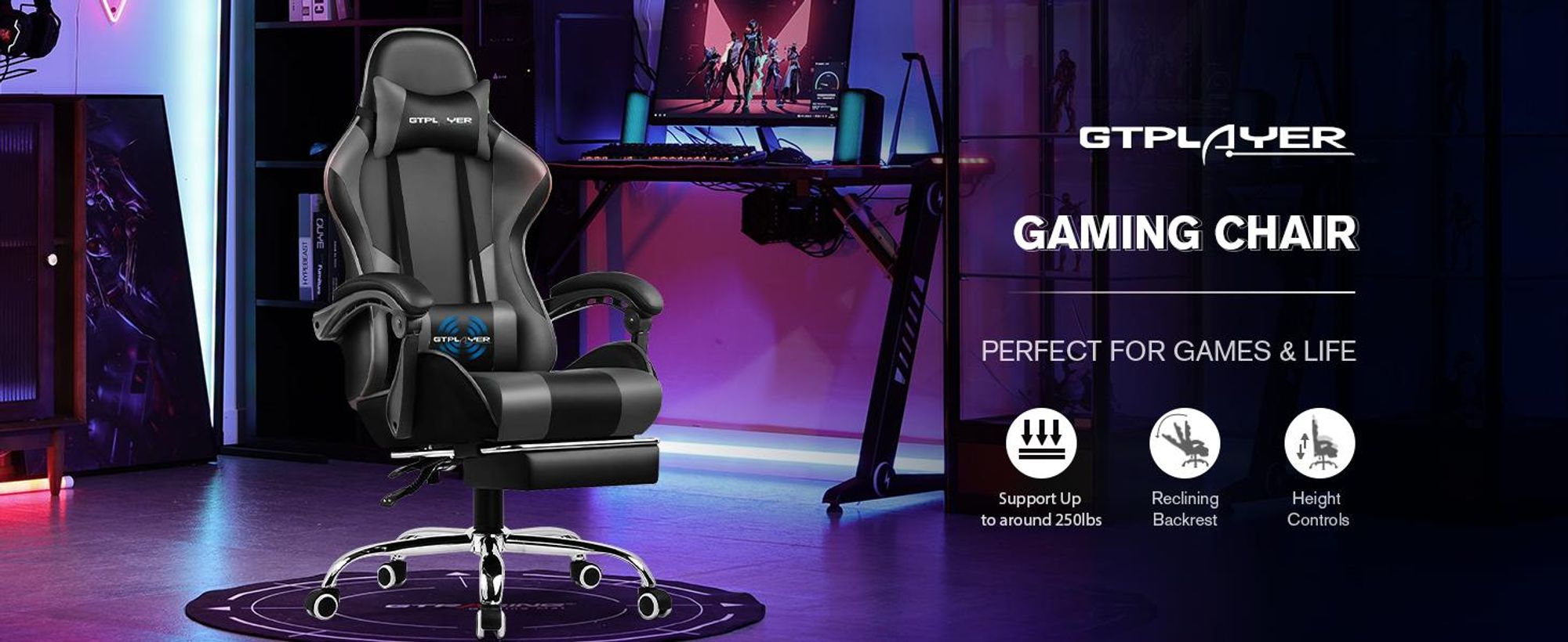GTPLAYER fotel gamingowy, ergonomiczny fotel biurowy z funkcją masażu i podnóżkiem, rama z uchwytami, stalowa podstawa, szary