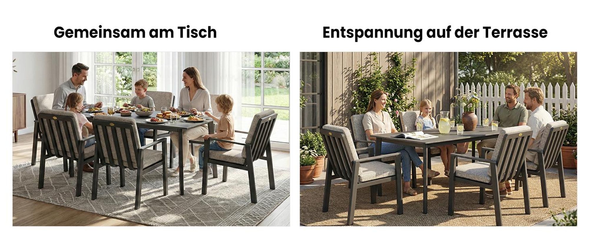 MEXO Gartenlounge-Set Aluminium Garten Essgruppe für 4 Personen, GartenStuhl mit Ergonomischen Sesseln inkl. Kissen, Belastbarkeit pro Sitzplatz 140kg