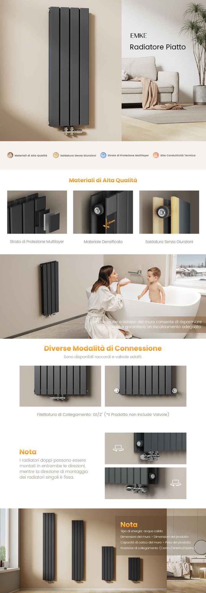 Radiatore EMKE design a pannello a doppio strato 600x300mm, antracite piatto 327Watt attacco centrale senza elemento riscaldante