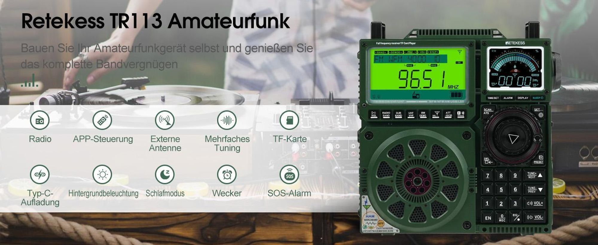 Retekess TR113 Kurzwellenradio, Vollband Radio, AIR SSB, tragbares Digitalradio, APP-Fernbedienung, hohe Klangqualität, wiederaufladbar, LSB/USB