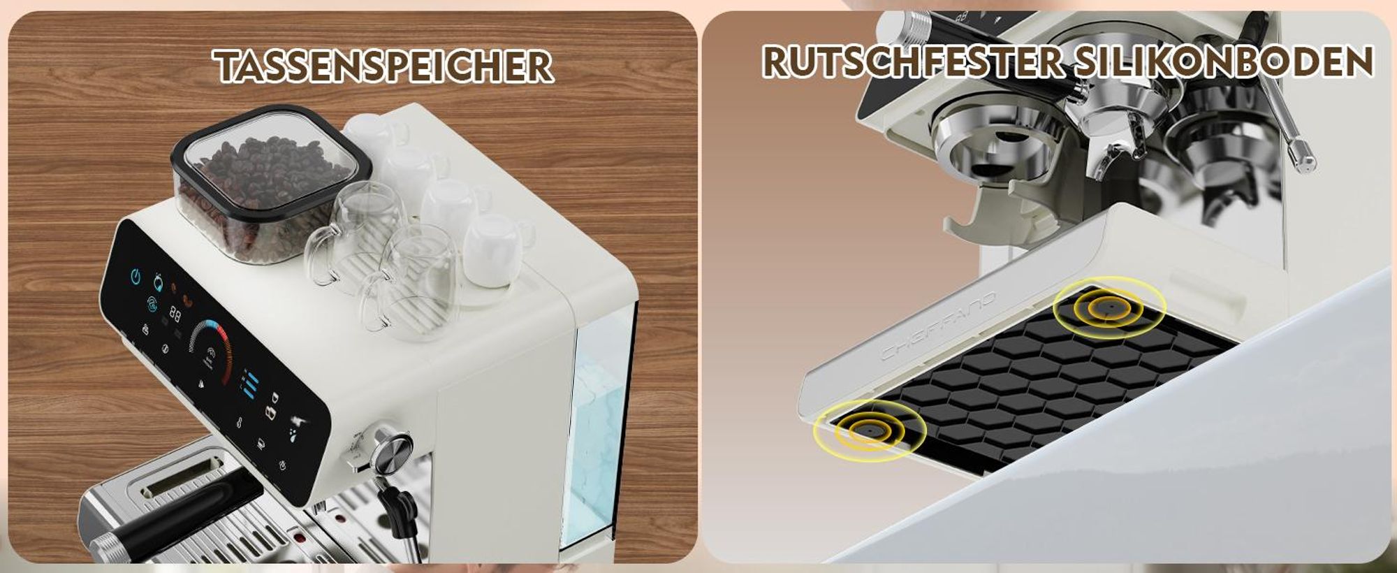 CHEFFANO Espressomaschine mit integriertem Mahlwerk, 20 Bar Pumpdruck, Milchaufschäumer für Cappuccino und Latte, 19 Mahlstufen und 2,8 L abnehmbarer