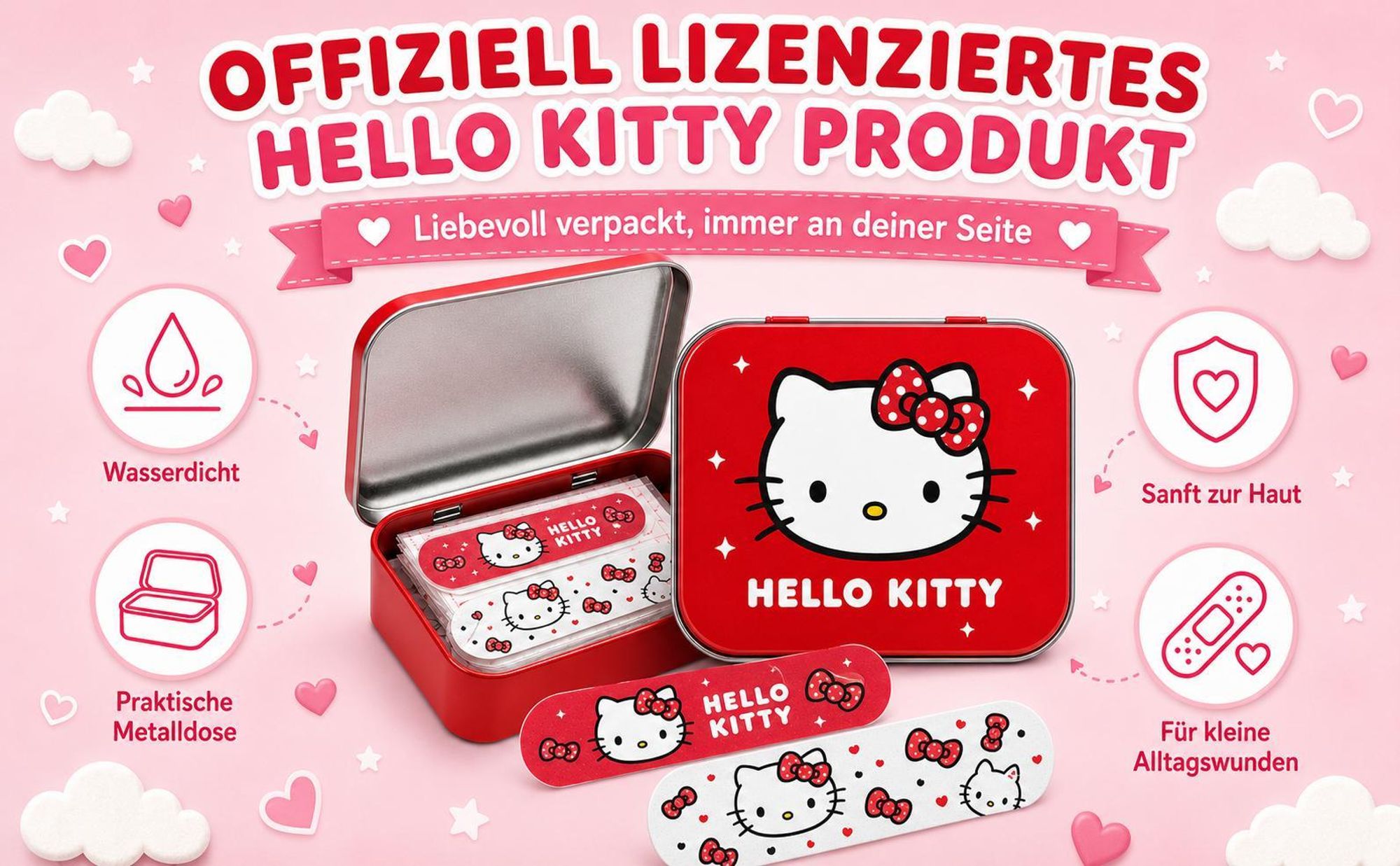 Hello Kitty Rot Kinderpflaster Lizensiertes Produkt - Metall-Box - 24 Pflaster - Schönes Design Pflaster Aufbewahrungsbox für Kinder - 1 Box