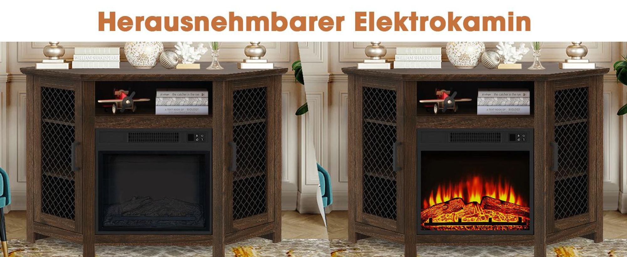 Parrot Uncle TV-Schrank für Fernseher bis 55 Zoll, MDF, Braun, mit 18" Elektrokamin, eignet sich für Eckaufstellung, 114x 56x 76 cm, 45 kg Tragkraft
