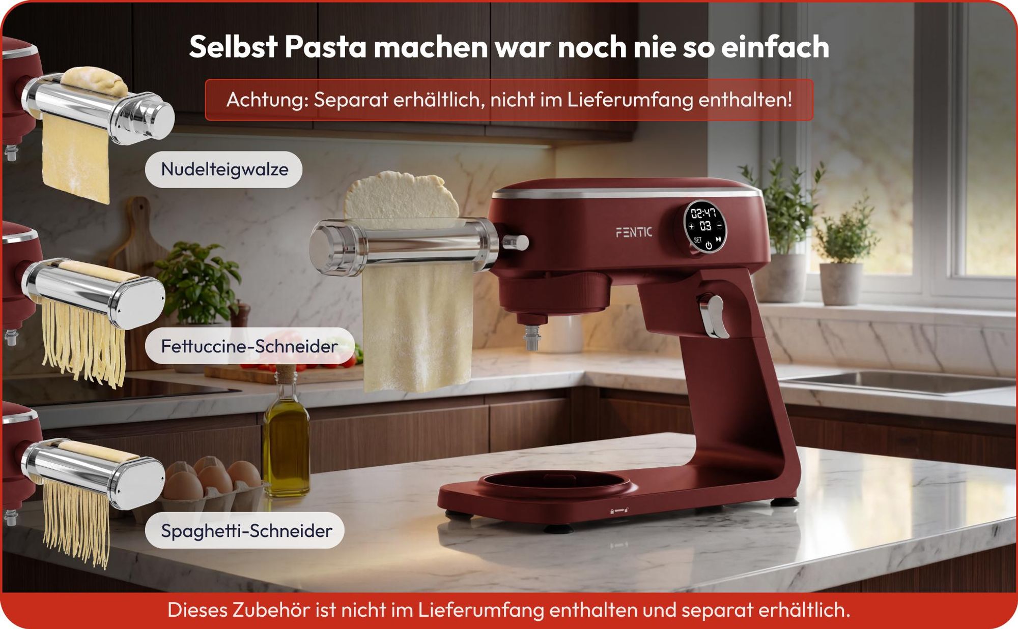 Fentic Küchenmaschine 1800W, 7L Edelstahl-Rührschüssel, Knetmaschine für Brotteig & Pizzateig, Planetenrührwerk, 10 Stufen Timer & Spritzschutz