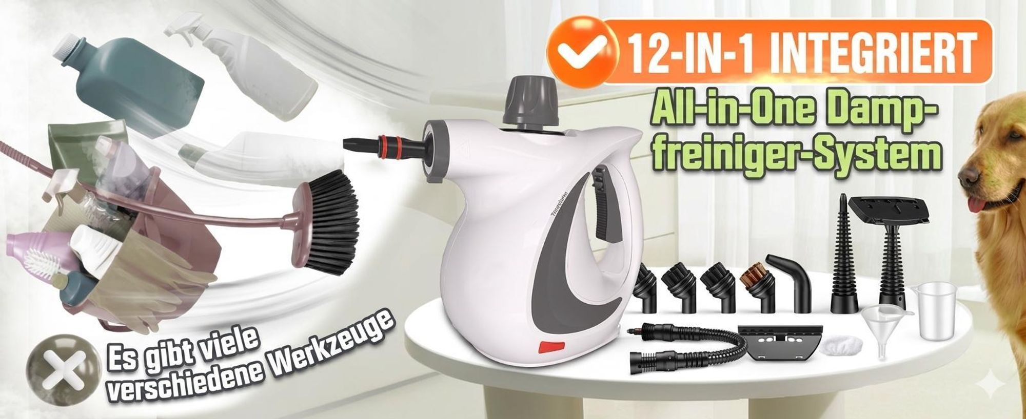 1300W Natürlicher Dampfreiniger mit Druck für mehrere Oberflächen, mit 12 Zubehörteilen, Mehrzweck-Dampfgarer für den Heimgebrauch, zur Reinigung