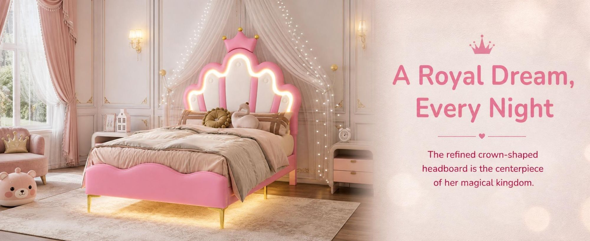 Polsterbett 90x200cm mit Lattenrost, Kinderbett mit Kronenförmigem Kopfteil, Jugendbett Einzelbett mit Led, Prinzessinnenbett Holzbett, PU，Rosa