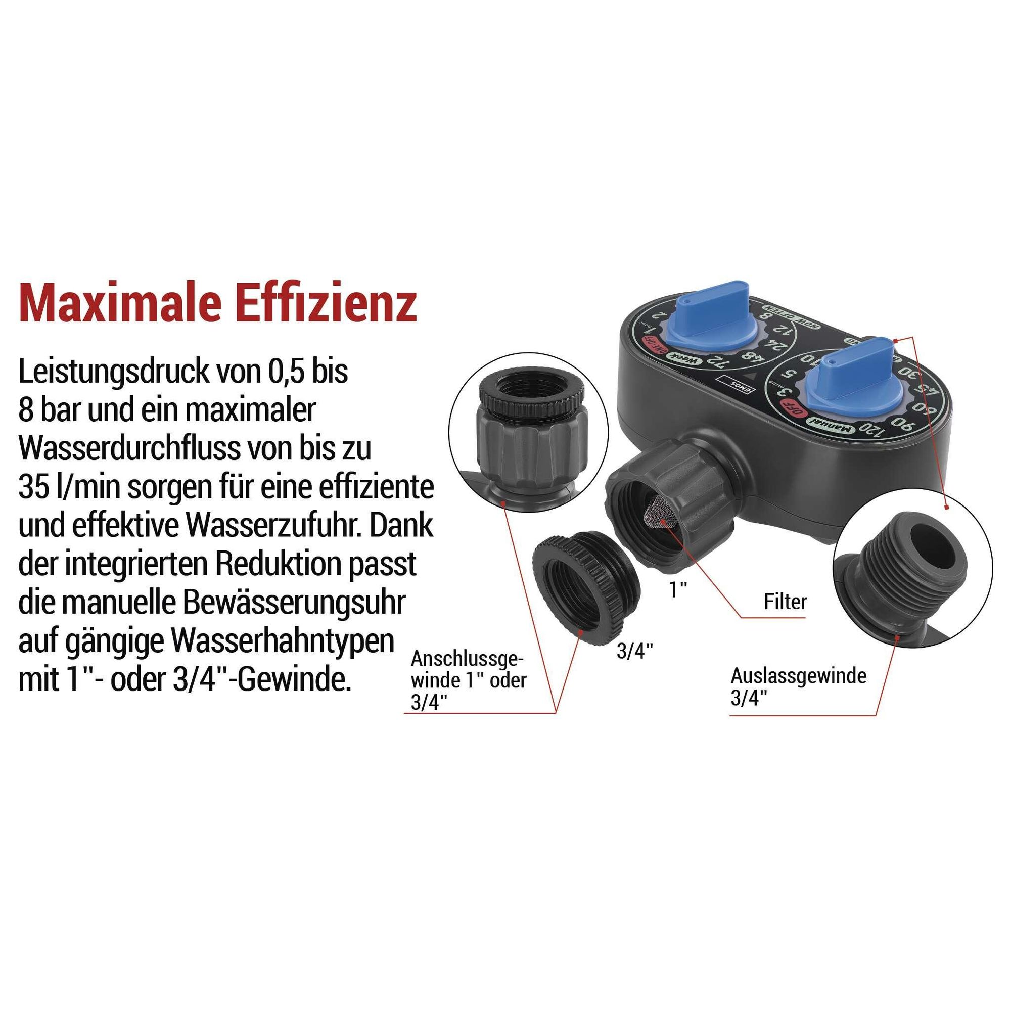 EMOS mechanische Bewässerungsuhr mit 1 Ausgang, batteriebetrieben, bis 8bar, 35 l/min, manuell, 3-120m alle 1-72h,  für 1″ bzw. 3/4″-Gewinde, PW56001