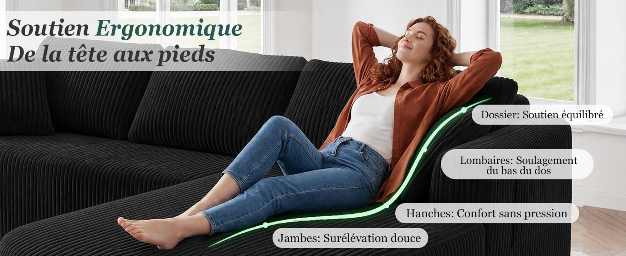 Canapé d'angle avec fonction convertible, canapé modulaire en velours sans structure visible, canapé avec chaise longue, canapé d'angle convertible, canapés modulaires avec coussins et poches latérales, 243 cm