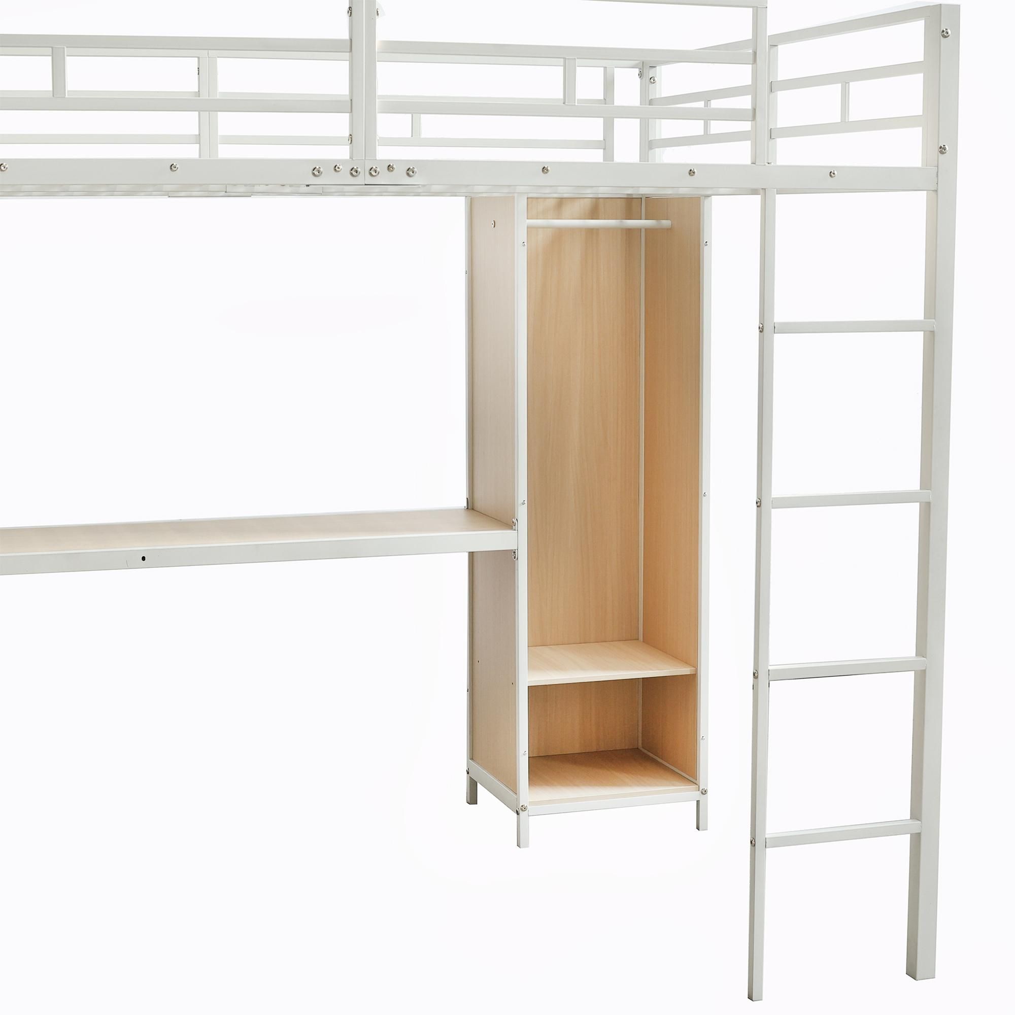 Flieks Etagenbett 140x200cm mit Schreibtisch und Regal, Hochbett mit Kleiderschrank, Kinderbett Jugendbett Metallbett mit Lattenrost, Weiß