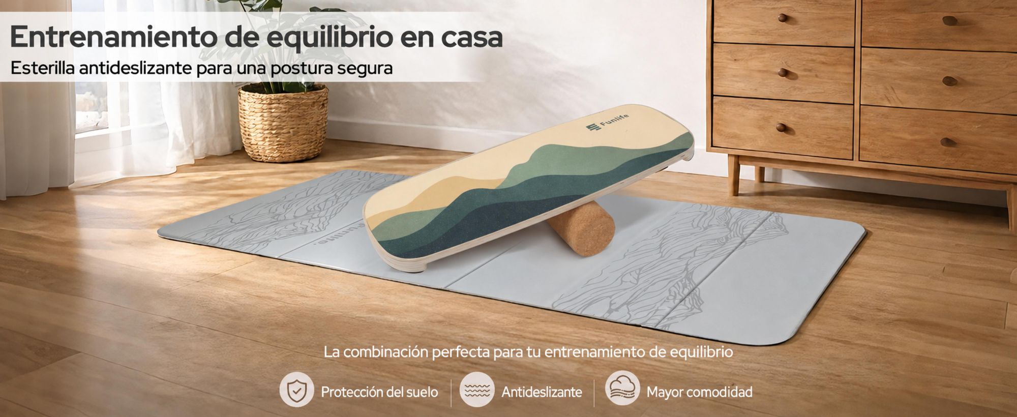 FunLife, tabla de equilibrio WAVE de madera de abedul con rodillo – entrenador de equilibrio para el fortalecimiento del core, la coordinación, y el entrenamiento de surf, skate y snowboard