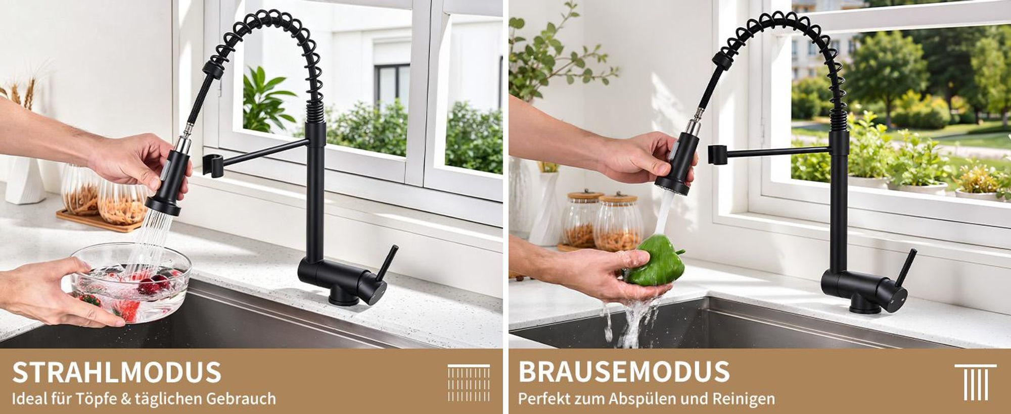 Homelody Vorfenster Küchenarmatur Klappbar, 90° Faltbar 360° Drehbare Hochdruck Edelstahl Wasserhahn Küche mit Brause Ausziehbar 2 Strahlarten Schwarz