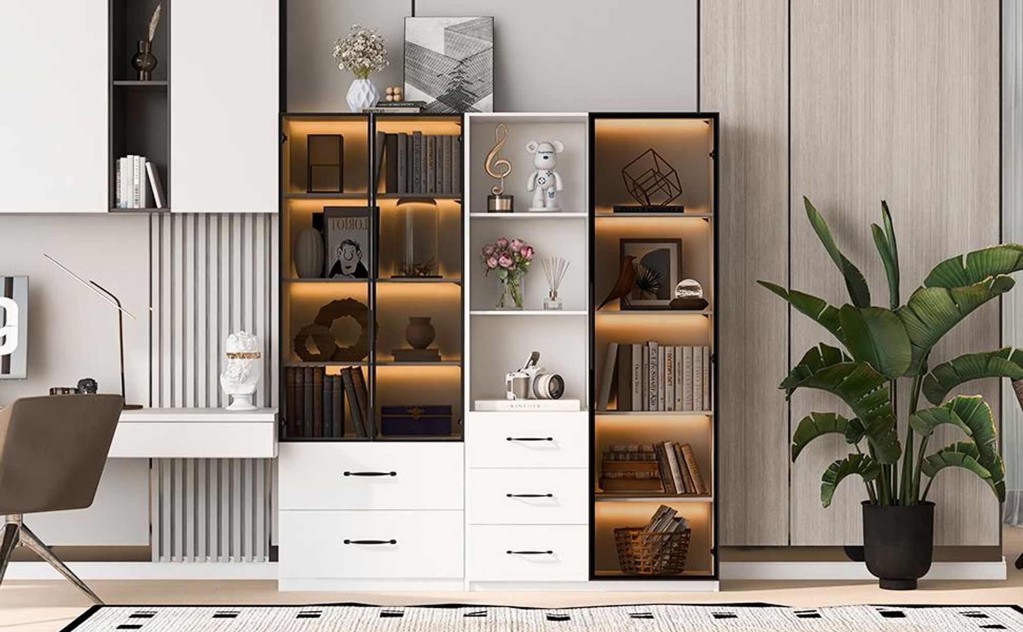 Merax Glasvitrine mit Glastür, Regale, Schubladen, Hochschrank, Stehend Vitrinenschrank für Wohnzimmer Schlafzimmer, 140x40x160cm, Weiß