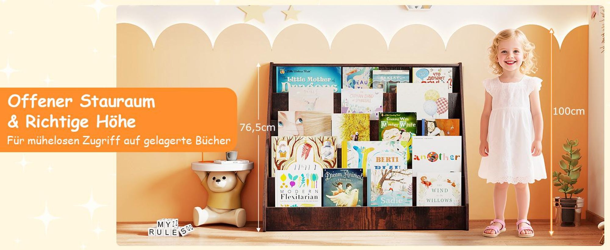 COSTWAY Kinderregal mit 5 Fächern, Bücherregal für Kinder, Zeitungsständer aus Holz, Aufbewahrungsregal für Kinderzimmer, 91 x 38 x 76,5 cm (Natur)