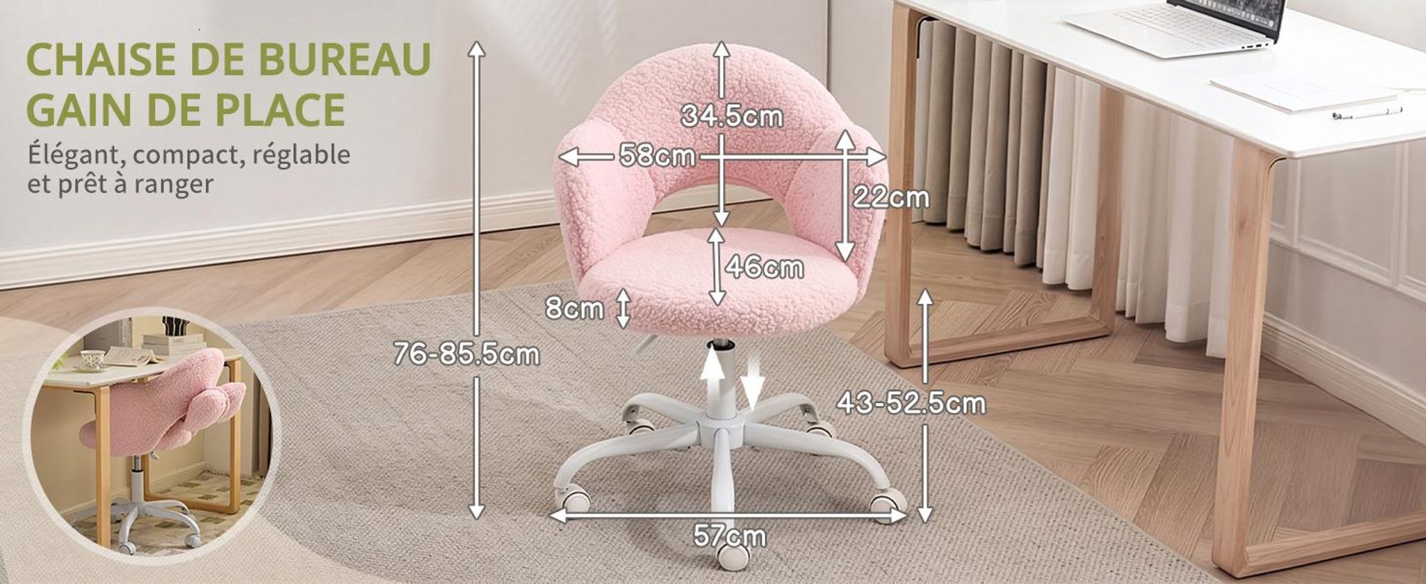 Chaise de bureau pivotante en forme de fleur, avec coussin lombaire, revêtue de similicuir mouton, 1 pièce, dimensions 59×57×76‑85,5 cm, rotation à 360°, couleur rose