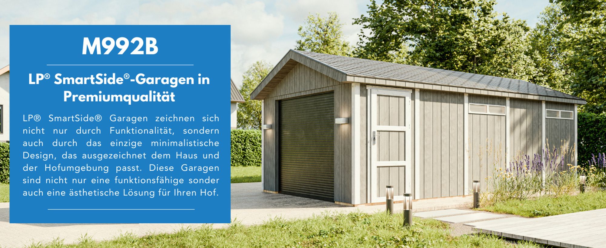 Garage  21 m²- L378xB648 cm- Garage für Autos, Motorräder, Fahrräder - Konstruktion aus LP Smartside-Panels - Timbela M992B