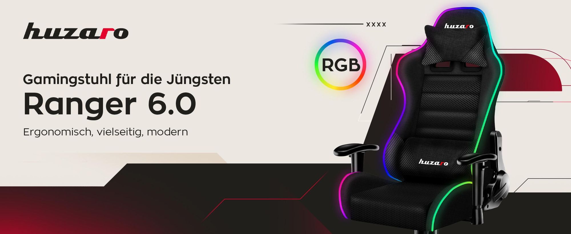 Huzaro Kinder Schreibtischstuhl Ranger 6.0 Gaming Stuhl Racing Sessel Bürostuhl Drehstuhl Gamer bis 130 kg RGB Led Schwarz
