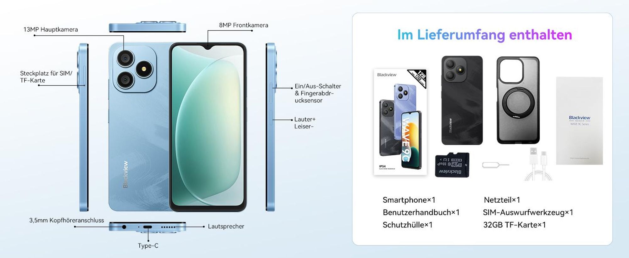 Blackview Wave 9C  6.56" Handy Ohne Vertrag, 12+128GB, 5000mAh, Dual SIM, Android 15, 1080P, Face ID, Fingerabdruck-Entsperrung
