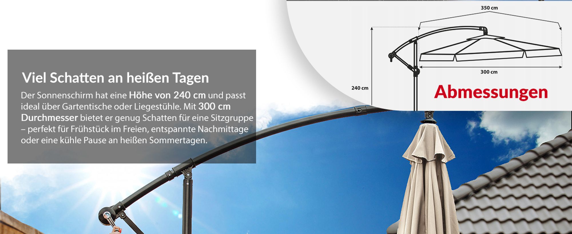 Lehmann Sonnenschirmmit Ø 300 cm mit ständer, UV-Schutz, Wasserdicht (Graphit)