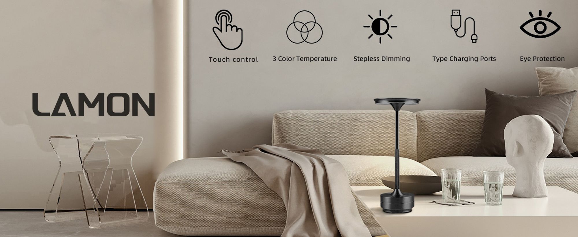 Kabellose Dimmbare LED Akku Tischleuchte Touch Tischlampe Lampe Wohnzimmer Nachttischlampen Dreifarbiges Licht Schwarz