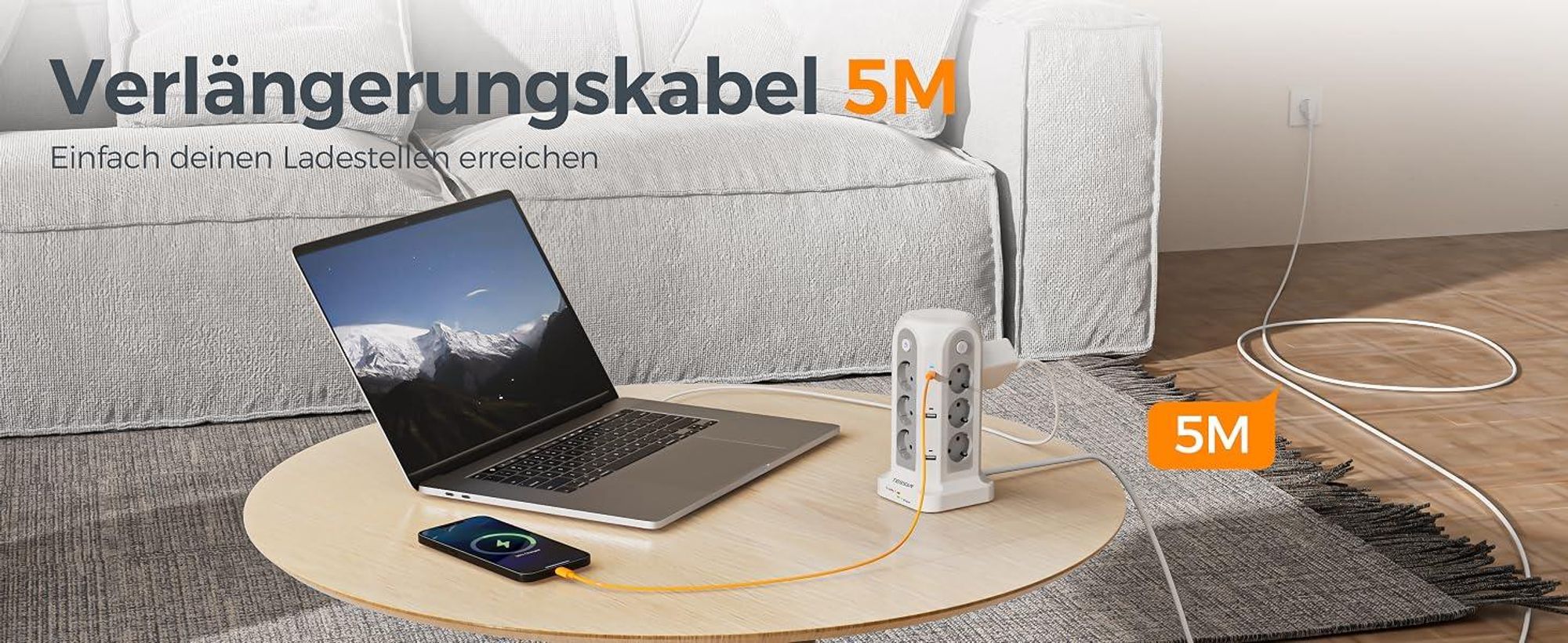 TESSAN 12 Fach Mehrfachsteckdose mit 2 USB C und 4 USB A Verlängerungskabel 5M Überspannungsschutz Steckdosenturm 3680W