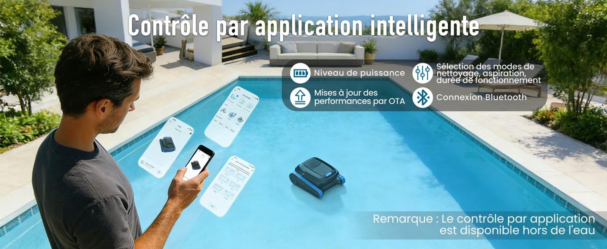 Robot de piscine AIRROBO CP40 pour sol et parois avec application, autonomie de 120 minutes, surface de nettoyage de 170 m², navigation intelligente, fonction d'auto-stationnement