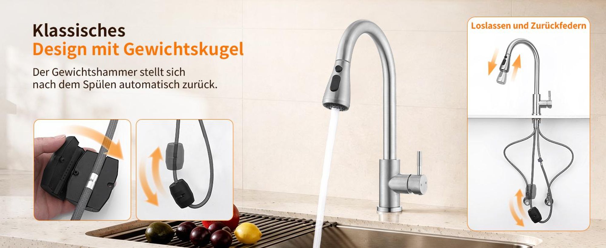 Homelody Wasserhahn Küche Edelstahl,Küchenarmatur 360°Schwenkbar,Armatur Küche 3 Strahlarten Geschirrbrause,Hochdruck Mischbatterie Küche mit Brause