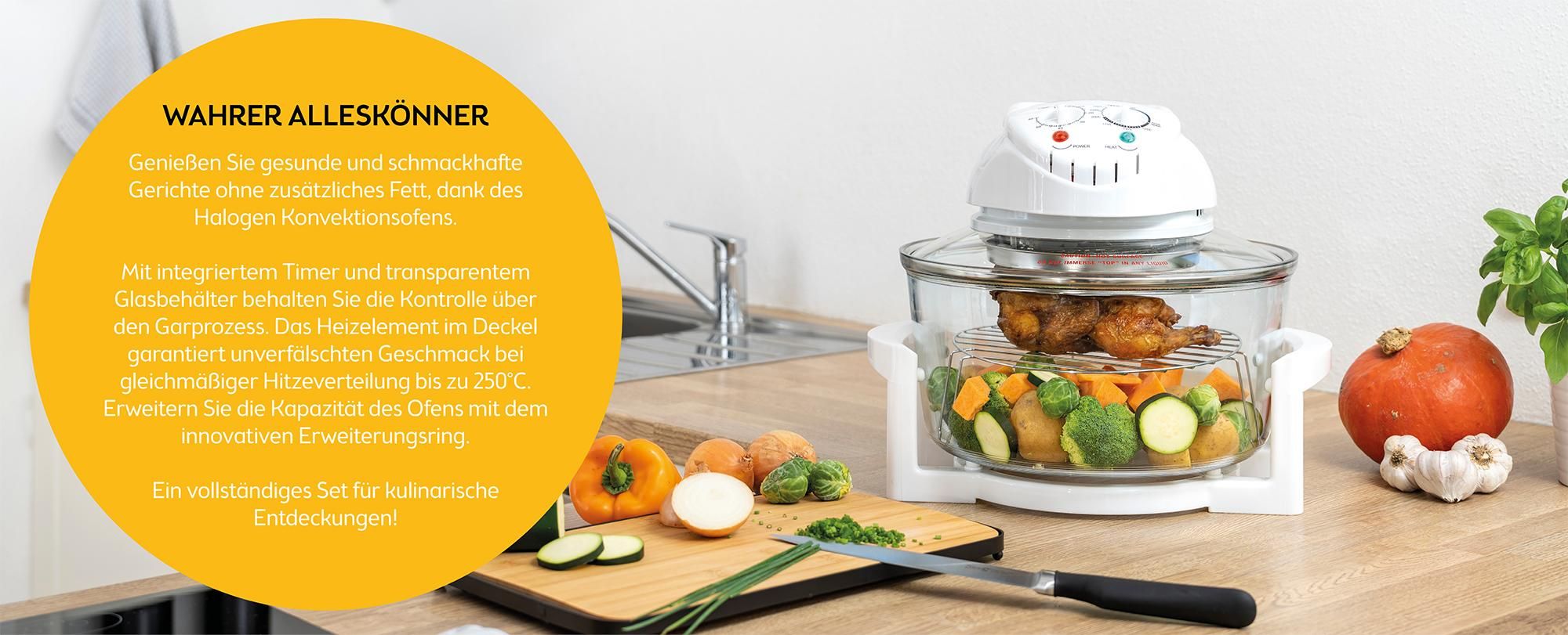 TZS First Austria - Halogenofen 1200-1400W aus Glas & Edelstahl - Minibackofen mit Umluftfunktion & Zubehör, Temperaturbereich: 65-250°C - Halogen Ofen Mini Backofen 12-17L Kapazität & 60 Min. Timer