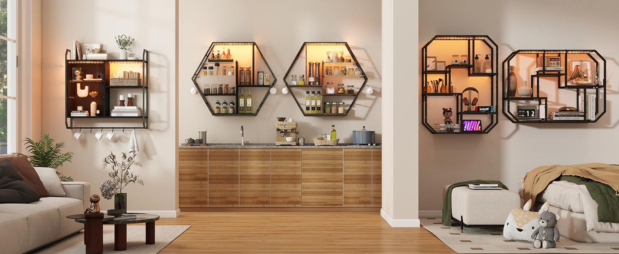 Puluomis LED Wandregal mit Musik-Modus 85x63cm, Beleuchtetes Regal mit 7 Farben 58 Modi, Wand- oder Bodenmontage mit Anti-Kipp, Für Wohnzimmer Bar