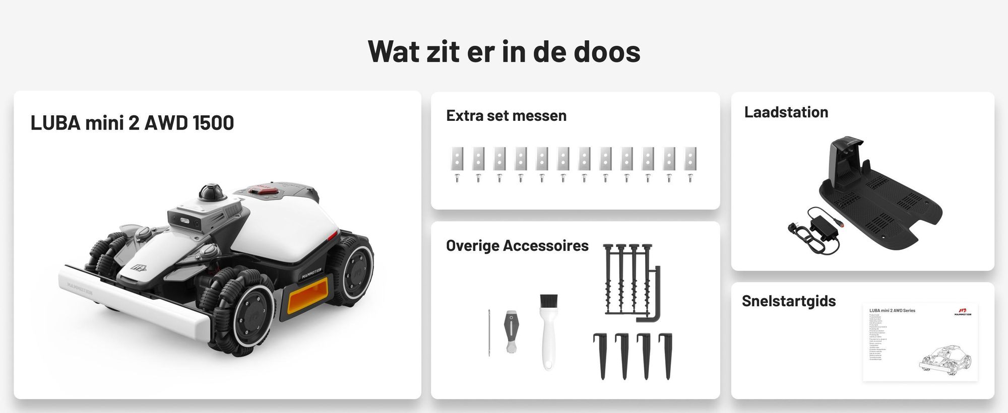 Robotmaaier Mammotion LUBA Mini 2 AWD 1500, met garage en wasstandaard, zonder kabel, voor 1500 m², kanten maaien, hellingen 80%, auto-kartering, APP