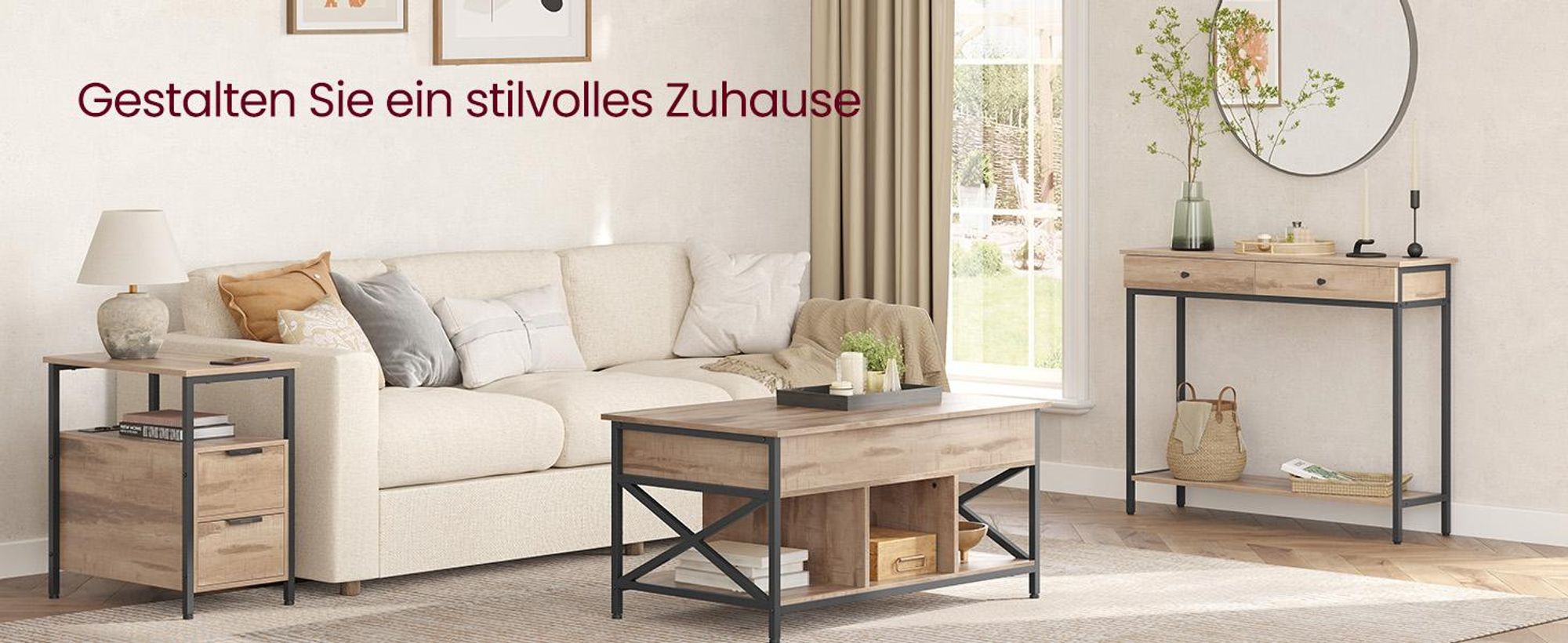 VASAGLE Konsolentisch, Flurtisch, Beistelltisch, Sofatisch mit 2 Schubladen, Stahlgestell, Flur, Wohnzimmer, Industrie-Design