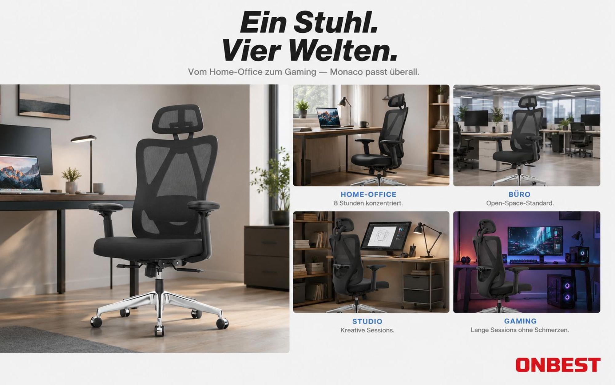 ONBEST Bürostuhl Premium Monaco | Ergonomisch | 150 kg Belastbarkeit | Mesh-Rücken | Schwarz | 360° Universalrollen