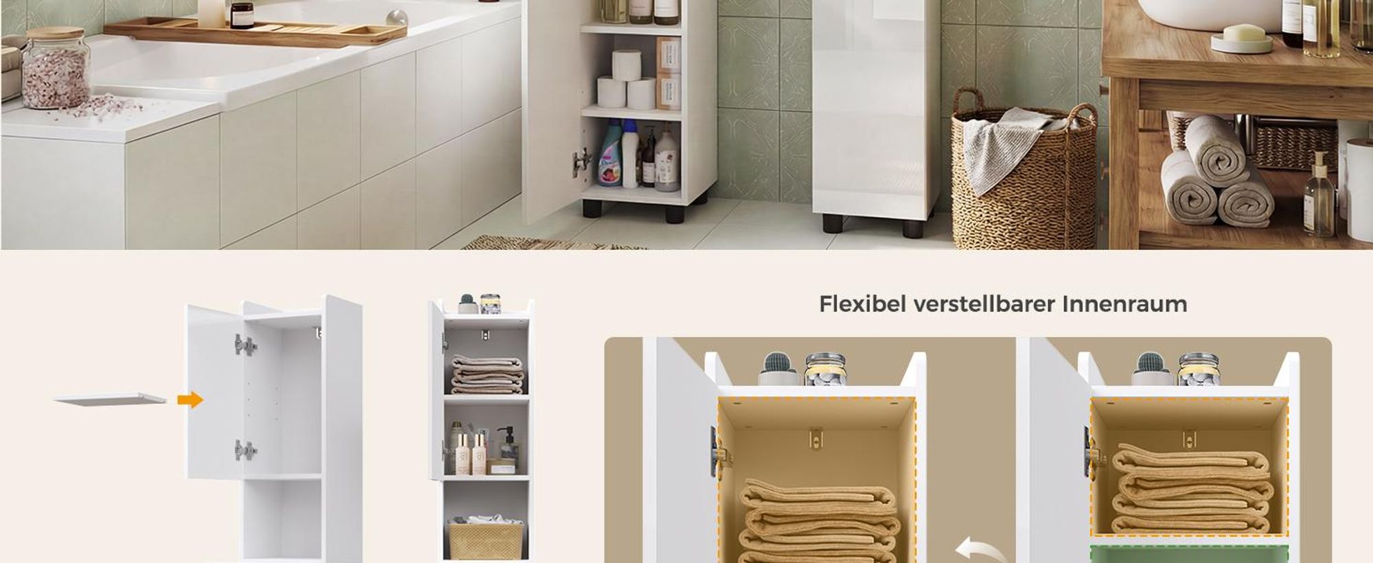 Mondeer Badezimmer Hochschrank mit Hochglanzfront – Schmaler Standschrank mit verstellbaren Böden, Schublade & offenen Fächern, 30 x 30 x 170cm Weiß