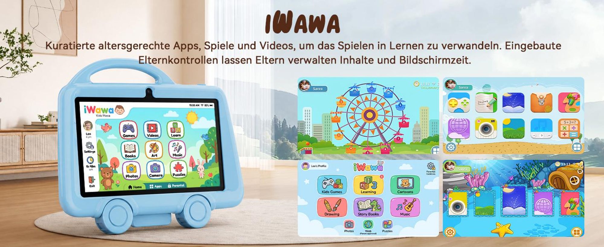 Tabwee K8 Kinder Tablet 7" , robuste Schutzhülle mit Griff und Ständer, Elternkontrolle, 4GB+32GB, Lern- & Spieltablet für Kinder von 3 bis 7 Jahren