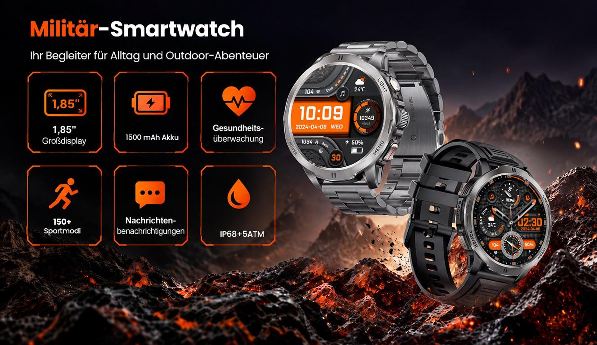 2026 Herren Militär-Smartwatch mit 1,85" AMOLED und 75 Tagen Standby Smartwatch Herren-Fitnessuhr, mit IP68+5ATM, 24/7 Herzfrequenz, SpO₂, Blutdruck